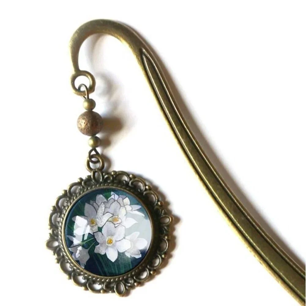 Paperwhite Narcissus‎ Flowers Bookmark - Vintage Bronze & Glass Floral Book Hook